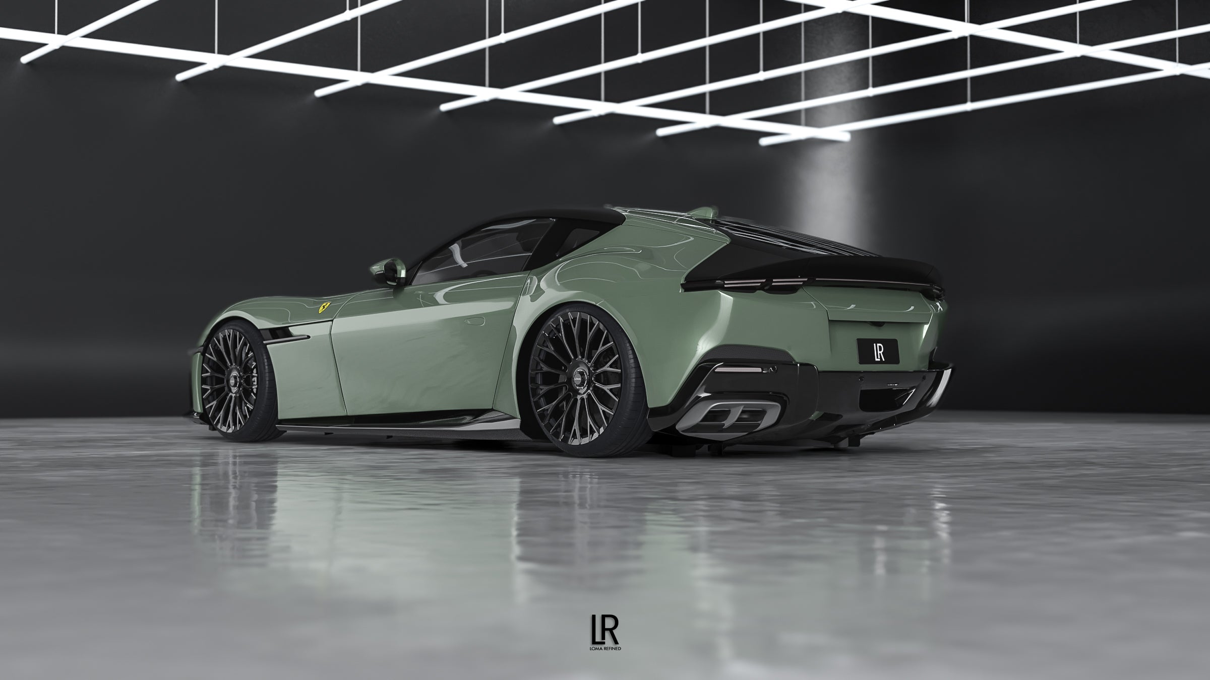 LOMA-Refined-Ferrari-12-Cilindri-Verde-Toscana-side-view-of-the-22-inch-rims_-downpipe-and-sport-exhaust.