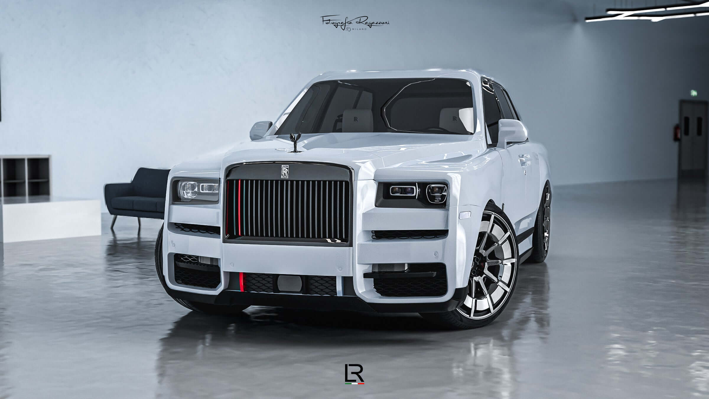 LOMA-Refined-Rolls-Royce-Cullinan-front-view-stanced-with-bodykit-and-carbon-wheels.