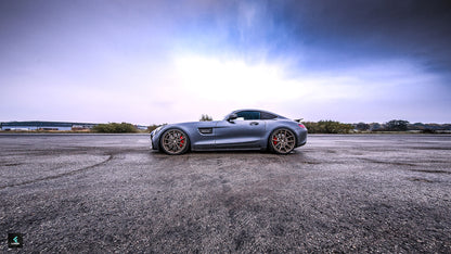 Side view of Mercedes AMG GT highlighting deep dish wheels.