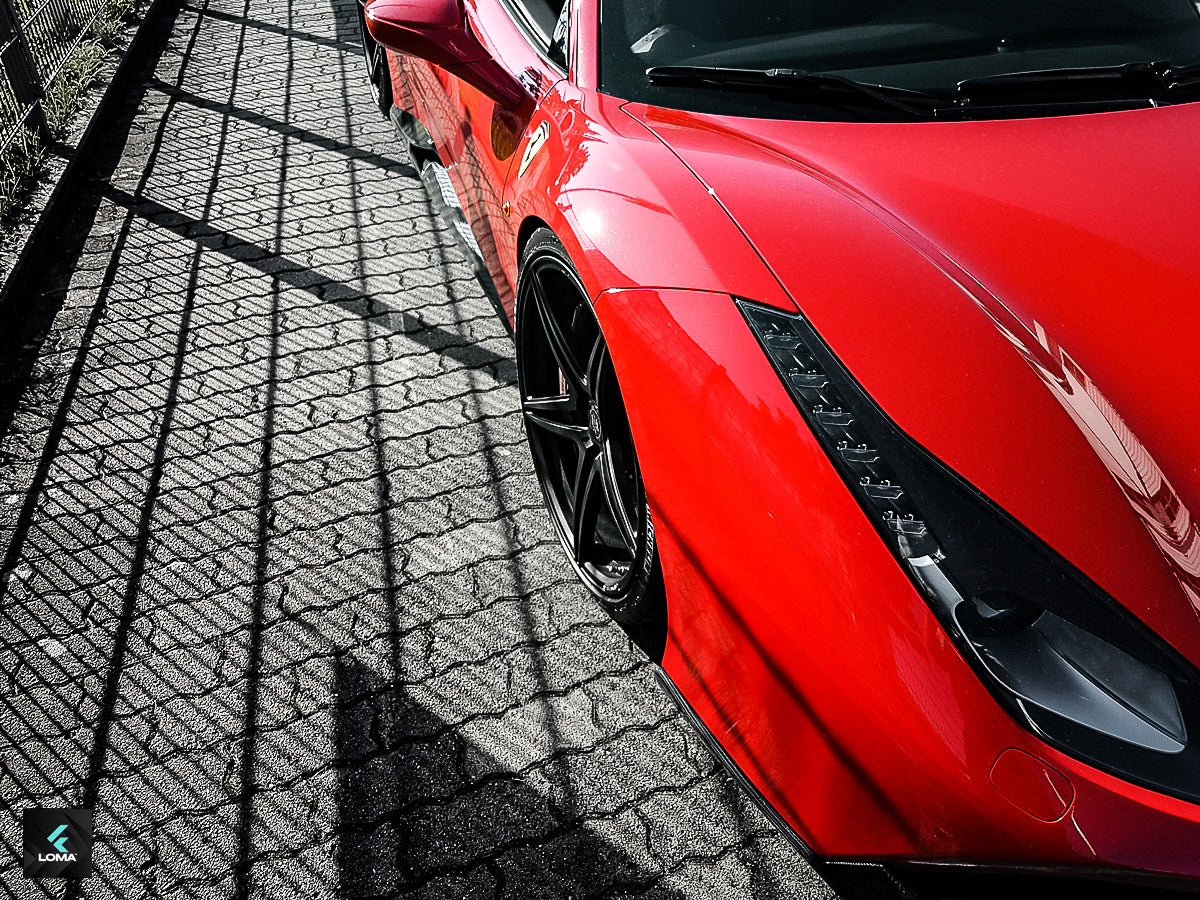 Ferrari tuning with LOMA Forged SP1 custom wheels, side view of black Ferrari 488 GTB